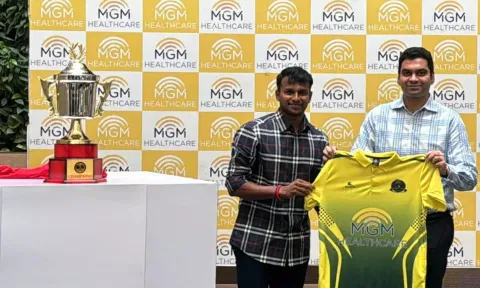 Indian cricketer T Natarajan along with Director of MGM Group Dr Prashanth Rajagopalan unveiled the trophy and launched team jerseys.