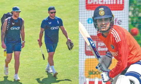 England captain Ben Stokes with head coach Brendon McCullum during a training session; Shubman Gill