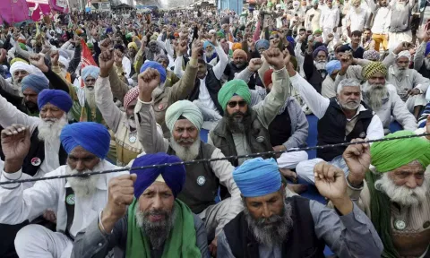Farmers protesting against the Centre's new farm laws at the Tikri border in New Delhi on February 6. (PTI)