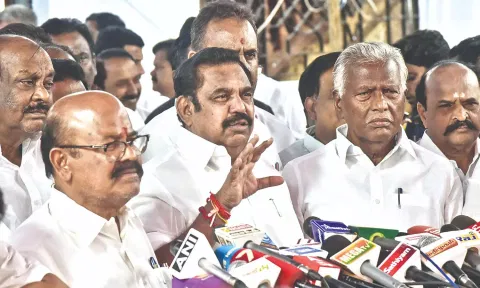 Edappadi K Palaniswami speaks to media during the Budget session of the Assembly, on Monday