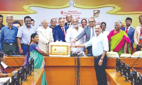 HR&CE Minister PK Sekarbabu handing over jewels of eight temples to SBI officials on Tuesday