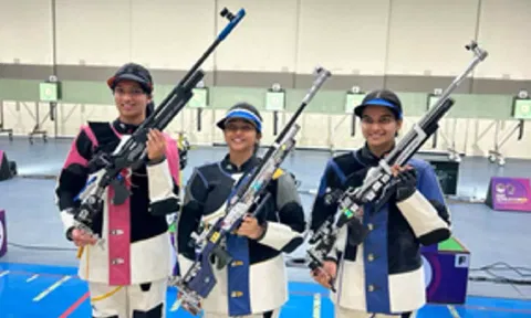 Mehuli, Anish and Ganga at the National Rifle & Pistol selection trials. (IANS)