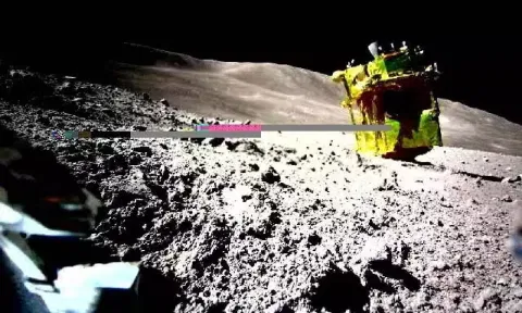 The Smart Lander for Investigating Moon (SLIM), is seen in this handout image taken by LEV-2 on the moon