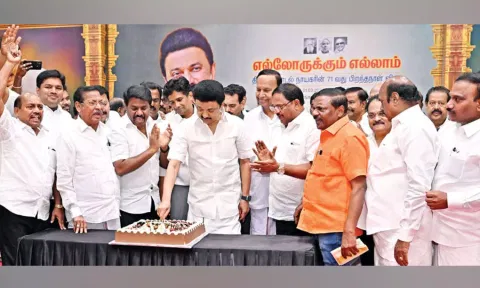 Chief Minister MK Stalin cuts birthday cake with party leaders at Anna Arivalayam on Friday