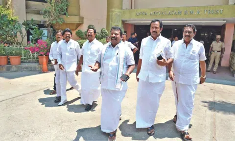 TNCC president K Selvaperunthagai and other leaders coming out of DMK headquarters in Chennai on Monday 