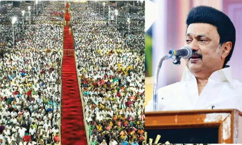DMK president and Chief Minister MK Stalin addressing a mammoth election meeting in Tiruvarur on Saturday
