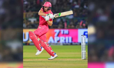 Jos Buttler plays a shot during the match (PTI)