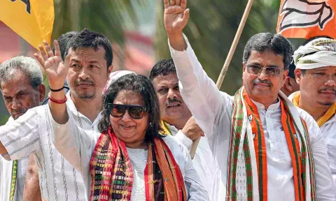 Tripura Chief Minister Manik Saha with candidate from East Tripura Kriti Singh Debbarma (PTI)