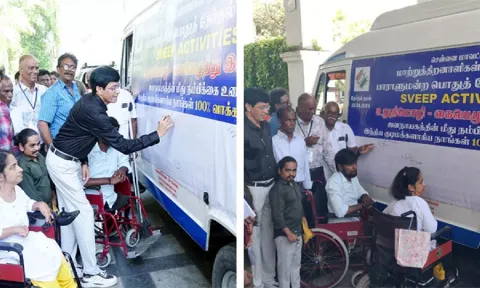 Dr. J. Radhakrishnan at a signature campaign by the physically challenged to raise election voting awareness (PhotoANI)
