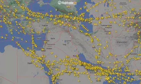 A graphical representation of air traffic shows airspace over Iran and the neighbouring Middle East 