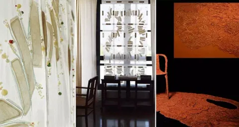 L to R: Modular embroidery- curtain & wall devider, Modular embroidery- glass & parchemin, Pompei-chair and carpet