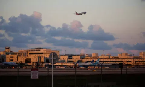 An American Airlines plane takes off from Miami International Airport after the Federal Aviation Administration (Reuters)