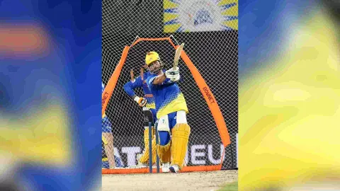 MS Dhoni hits a shot in the nets during practice session ahead of match against LSG (Photo: Manivasagan N)