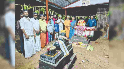 Villagers set up a makeshift temple for the Sivalingam 