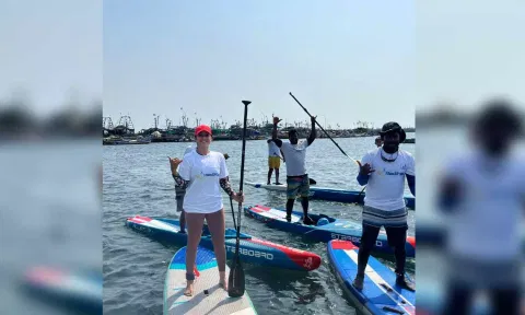  Regina Cassandra teamed up with the boys from the SUP Marinaa Club for a stand-up paddleboarding activity.