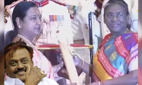 Premalatha Vijayakanth receiving Padma awards on behalf of Late Captain Vijayakanth 