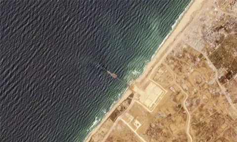 This satellite image from Planet Labs PBC shows a pier installed by the U.S. military in the Gaza Strip 
