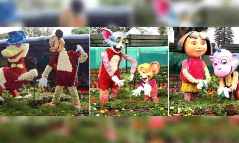 Floral cartoon characters promoting green drive at Kodai Vizha in Yercaud on Wednesday