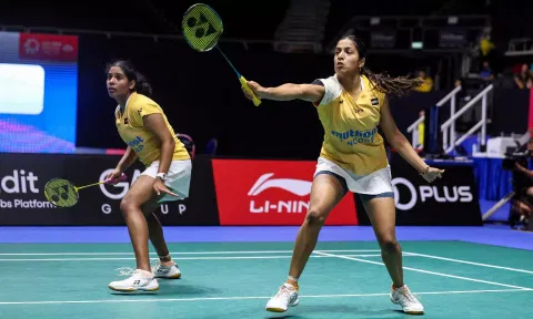Treesa Jolly and Gayatri Gopichand in action during the quarter-final round of Singapore Open 