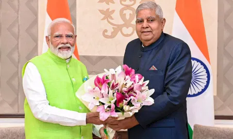 Vice-President Jagdeep Dhankhar greets PM Narendra Modi during their meeting at Vice-President's Enclave, in New Delhi (PTI)
