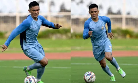 Sunil Chhetri in training ahead of the World Cup qualifier match