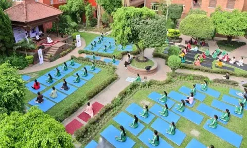 Yoga session being held on the premises of Kathmandu Temple (ANI)