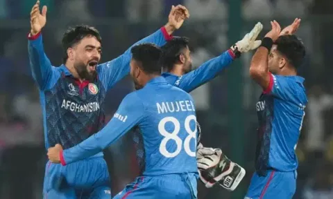 Afghanistan players celebrates after a wicket 