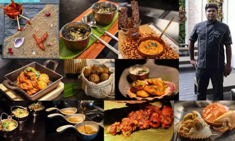 (L to R) Nethili fry, Pichavaram yeral pidi urundai roast,Pichavaram yeral pidi urundai roast, Black rice halwa, Sura puttu kola wadai, Nandu rasam, Thiruvindhai karuppu ulunthu wadai, Sennakuni podi idli, Fore Shore Estate kanava tawa roast and Nandu omelette (Photos: Justin George)
