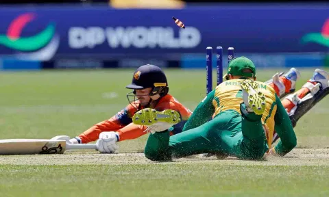  Captain Scott Edwards of the Netherlands dives but is run out for a wicket by South Africa's captain Aiden Markram during the match (PTI)