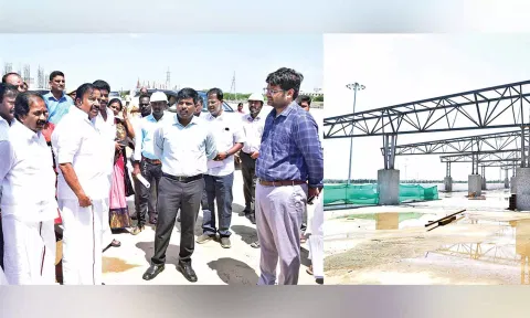 Minister KN Nehru inspecting the IBT (right) construction at Panchapur in Tiruchy on Monday