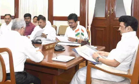 Chief Minister MK Stalin during a review meeting with Collectors at the Secretariat on Tuesday 