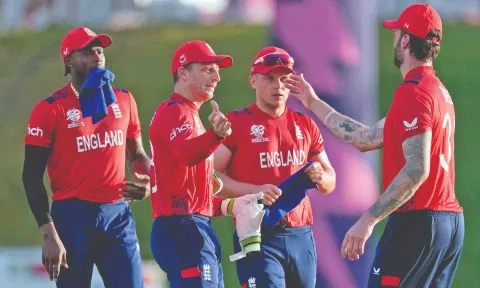 England players celebrate their win over Namibia