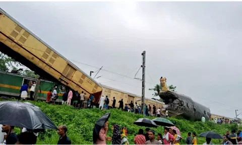 Locals gather after a collision between the Kanchanjungha Express and a goods train, near Rangapani railway station (PTI)