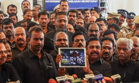 Leader of Opposition Edappadi K Palaniswami speaking to media after walking out of the Assembly 