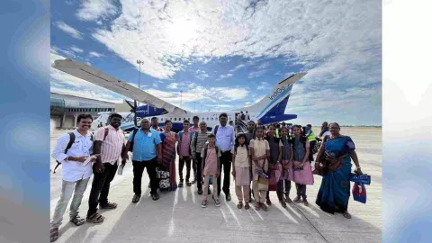 The students who flew in an Indigo airlines flight arrived in the city were welcomed at the Chennai International Airport 