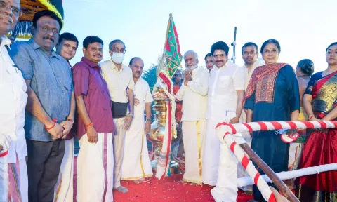 HR&CE Minister PK Sekarbabu at the consecration of Arulmigu Pamban Kumaragurudasar Temple in Tiruvanmiyur on Friday 