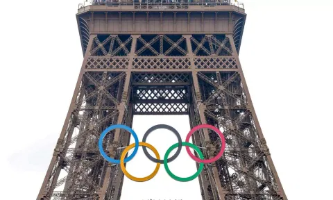  The Olympic symbol put up at the Eiffel Tower for the upcoming Paris 2024 Olympics, in Paris (PTI)