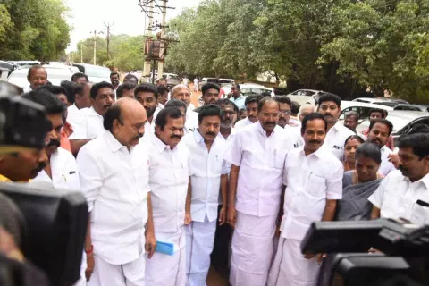 AIADMK leaders CVe Shanmugam and P Thangamani visiting Vijayabhaskar in Tiruchy prison on Monday