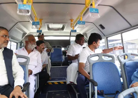 Tamil Nadu Minister Udhayanidhi Stalin travels in a city bus, in Chennai. (PTI) 