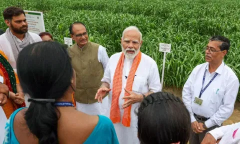 PM Narendra Modi during the release of 109 high yielding, climate resilient and biofortified varieties of crops, at India Agricultural Research Institute (PTI)
