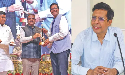 V Kamakoti, Director of IIT-Madras, receiving the NIRF 2024 ranking certificate from Union Minister Dharmendra Pradhan in New Delhi recently
