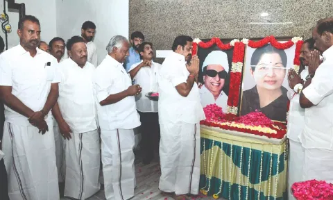 AIADMK general secretary Edappadi K Palaniswami and party leaders pay tributes to party stalwarts ahead of the EC meeting in Chennai on Friday
