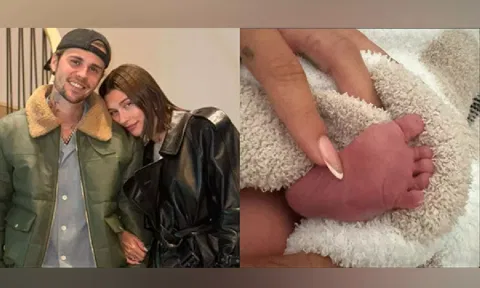 Justin Bieber and Hailer Bieber; image of their child's feet shared in a post 