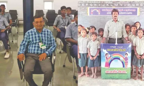 (L-R) RS Muralidharan with students in Madurai; R Gopinath in Gudiyattam school