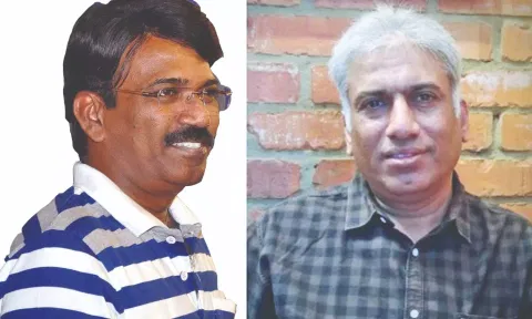 (L-R) Comedian Dhamu, CEO of Kalvi TV Manikandan