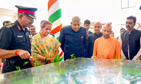 Vice President Jagdeep Dhankhar and Uttar Pradesh Chief Minister Yogi Adityanath during the inauguration of shooting range at Sainik School, in Gorakhpur (PTI)