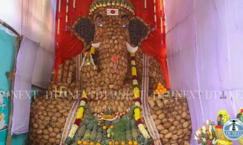 A Statue of Vinayakar made with 1000 coconuts displayed at Manali, Chennai (Photo: Justin George)