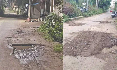 Then and now pictures of a temporary patch work done on the manhole on Ramamoorthy Nagar Main Road in Madipakkam that killed a senior citizen on Saturday