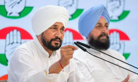 Congress leaders Charanjit Singh Channi and Partap Singh Bajwa during a press conference, in New Delhi (PTI)