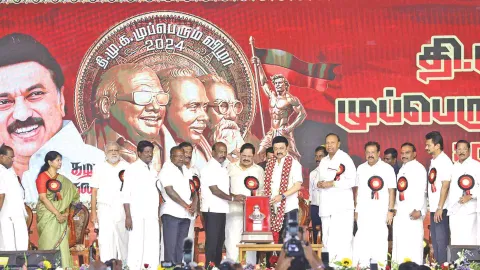 DMK president MK Stalin and other leaders at the party’s platinum jubilee celebrations 